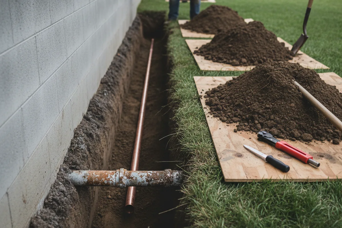 Excavated water line trench during Water Softener Installation in Frenchtown